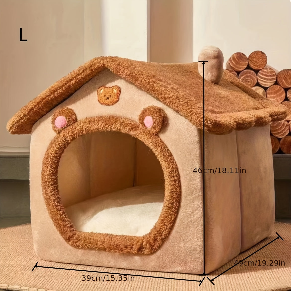 Pet house with dimensions displayed on a neutral background