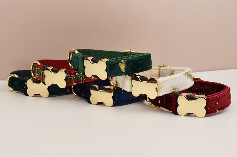 Four dog collars with bone-shaped brass buckles on a beige background