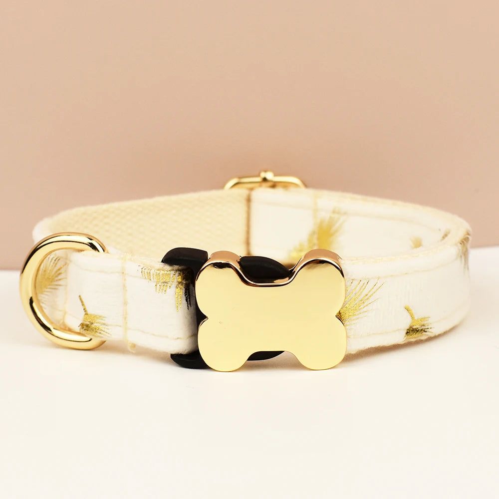 Customizable Dog Collar - White & Gold Feather