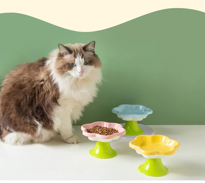 Ceramic Raised Flower Cat Bowl