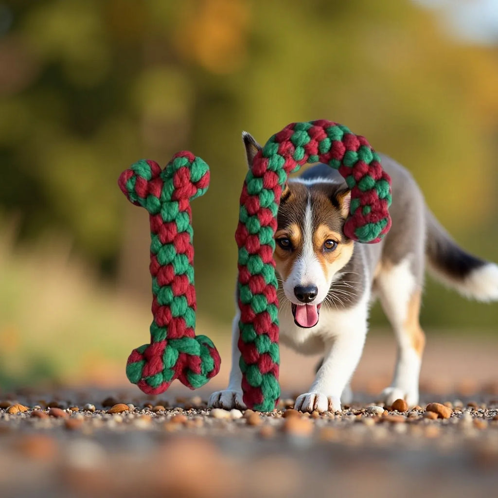 Dog playing with a red and green braided toy outdoors