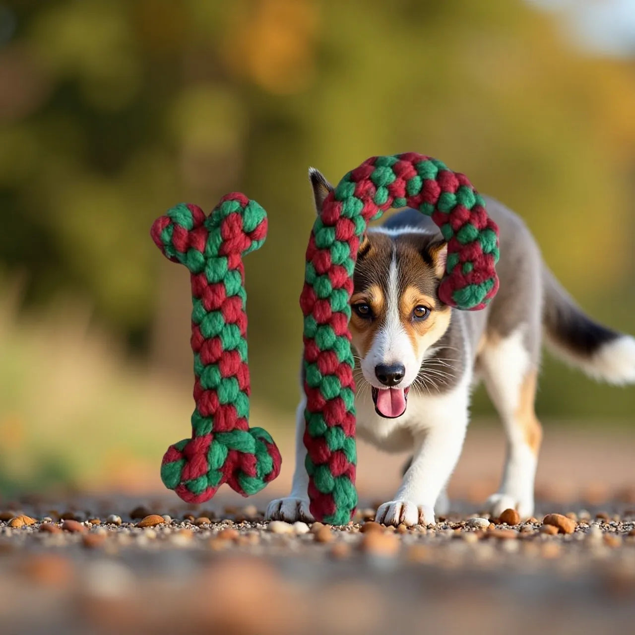 Dog playing with a red and green braided toy outdoors
