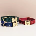 Three velvet dog collars with gold bone-shaped tags on a beige background