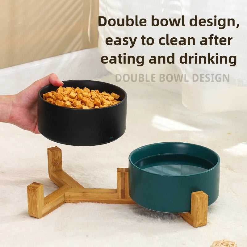 Double Ceramic Pet Bowl with Wood Stand