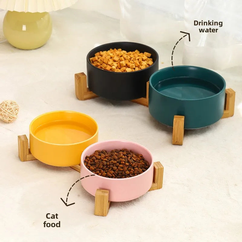 Double Ceramic Pet Bowl with Wood Stand