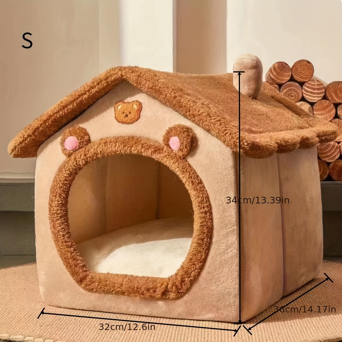 Pet house with teddy bear design and measurements on a neutral background